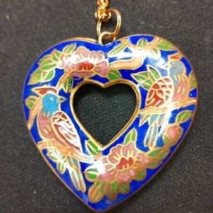 Vintage Cloisonne Enamel Blue Birds and Floral Heart Pendant Necklace
